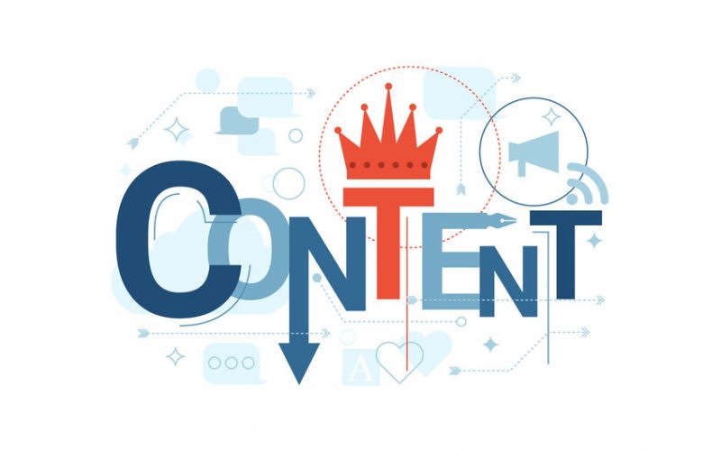 This image is a digital vector illustration of the word "CONTENT" styled with a red crown sitting on the letter "T", symbolising the marketing phrase "Content is King"